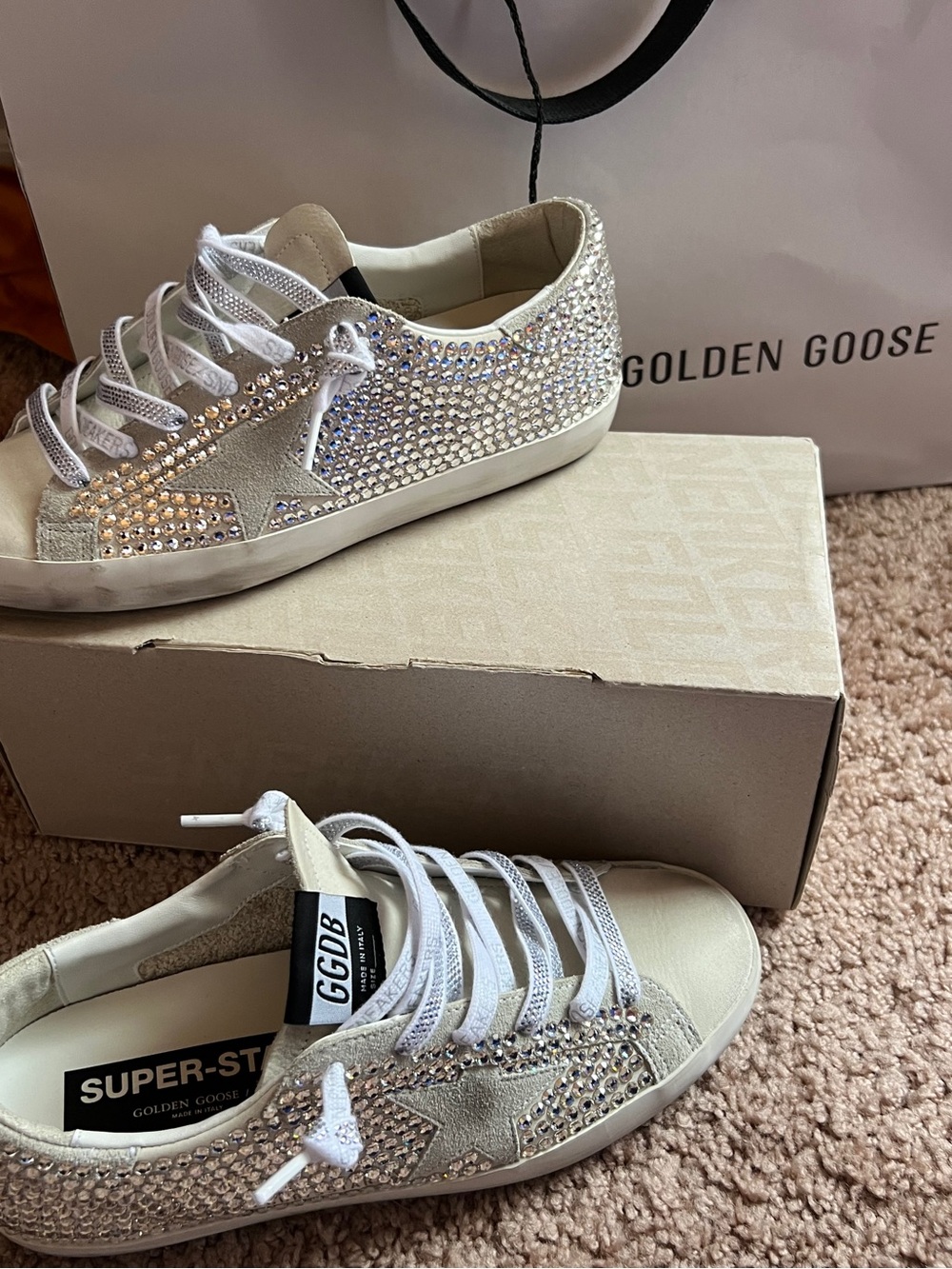 Golden Goose Kids Rhinestone Star Sneakers in White and Silver